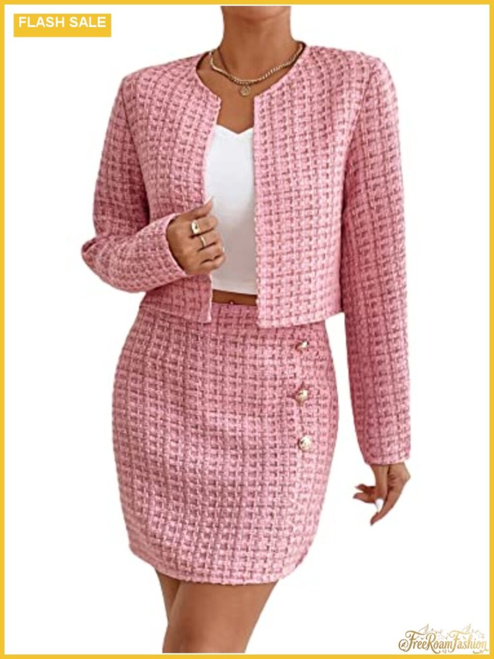 Women's 2 Piece Tweed Blazer and Skirt Set Plaid Jacket Outfit